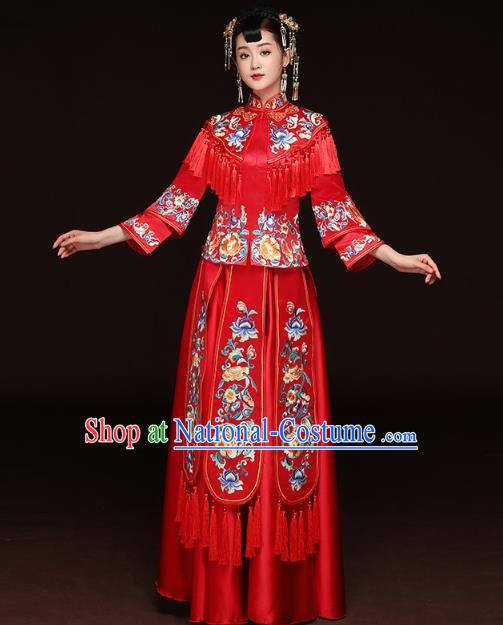 Traditional Ancient Chinese Wedding Costume Handmade Delicacy XiuHe Suits Embroidery Peony Palace Trailing Bottom Drawer Cheongsam Dress, Chinese Style Hanfu Wedding Bride Hanfu Clothing for Women