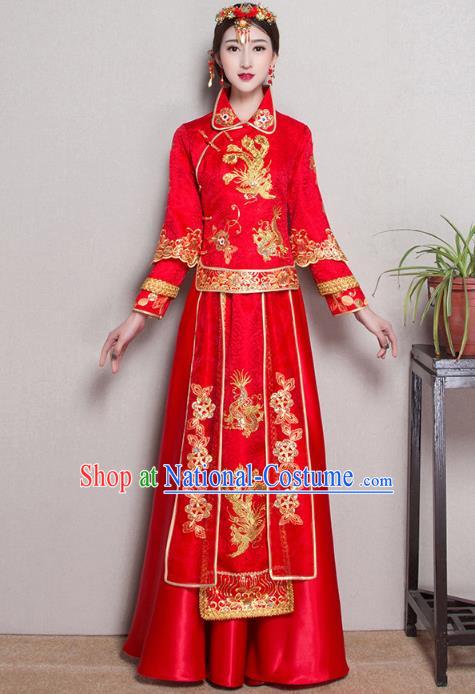 Traditional Ancient Chinese Wedding Costume Handmade XiuHe Suits Embroidery Phoenix Bride Toast Cheongsam Dress, Chinese Style Hanfu Wedding Clothing for Women