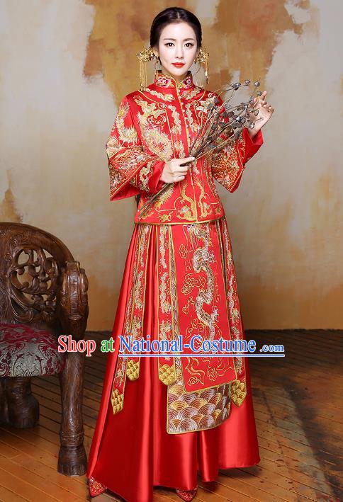 Traditional Ancient Chinese Wedding Costume Handmade Delicacy Embroidery Dragon XiuHe Suits, Chinese Style Hanfu Wedding Bride Toast Cheongsam for Women