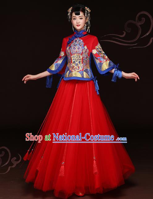 Traditional Ancient Chinese Wedding Costume Handmade Delicacy Embroidery XiuHe Suits Red Bottom Drawer, Chinese Style Hanfu Wedding Bride Toast Cheongsam for Women