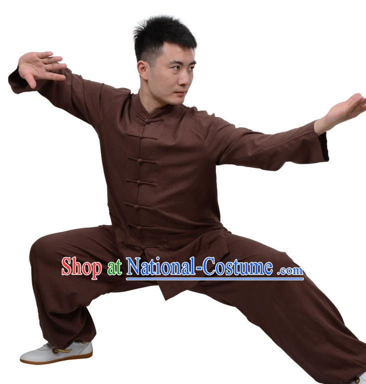 Top Kung Fu Linen Costume Martial Arts Costume Kung Fu Training Clothing, Tai Ji Plated Buttons Coffee Uniform Gongfu Wushu Clothing for Women for Men