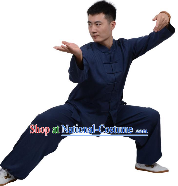 Top Kung Fu Linen Costume Martial Arts Costume Kung Fu Training Clothing, Tai Ji Plated Buttons Navy Uniform Gongfu Wushu Clothing for Women for Men