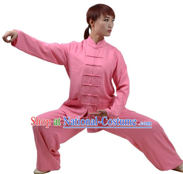 Top Kung Fu Linen Costume Martial Arts Costume Kung Fu Training Clothing, Tai Ji Plated Buttons Peach Pink Uniform Gongfu Wushu Clothing for Women for Men