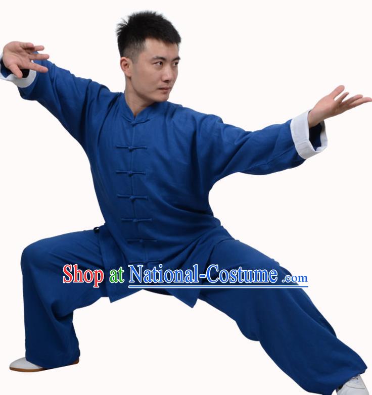 Top Martial Arts Costume Kung Fu Training Clothing, Tai Ji Plated Buttons Blue Uniform Gongfu Wushu Costume  for Women for Men