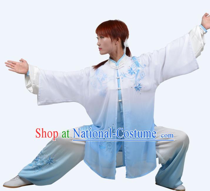 Top Grade Martial Arts Costume Kung Fu Training Clothing, Tai Ji Embroidery Blue Uniform Gongfu Wushu Costume  for Women for Men