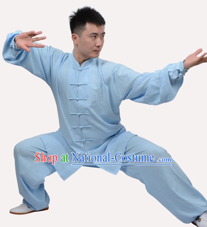 Top Grade Linen Martial Arts Costume Kung Fu Training Clothing, Tai Ji Embroidery Blue Uniform Gongfu Wushu Costume  for Women for Men