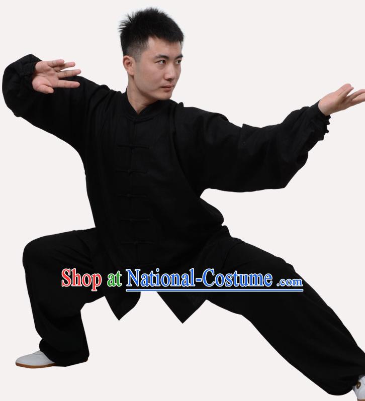 Top Grade Linen Martial Arts Costume Kung Fu Training Clothing, Tai Ji Embroidery Black Uniform Gongfu Wushu Costume  for Women for Men