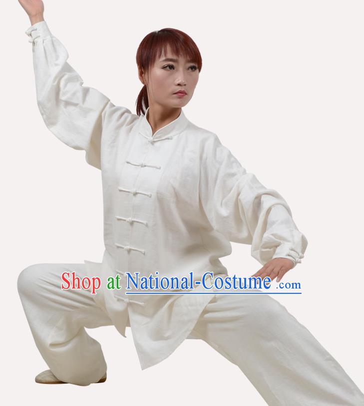 Top Grade Linen Martial Arts Costume Kung Fu Training Clothing, Tai Ji Embroidery White Uniform Gongfu Wushu Costume  for Women for Men