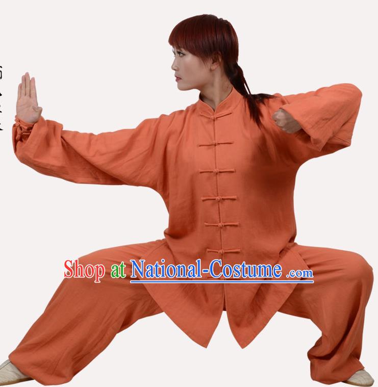 Top Grade Linen Martial Arts Costume Kung Fu Training Clothing, Tai Ji Embroidery Orange Uniform Gongfu Wushu Costume  for Women for Men