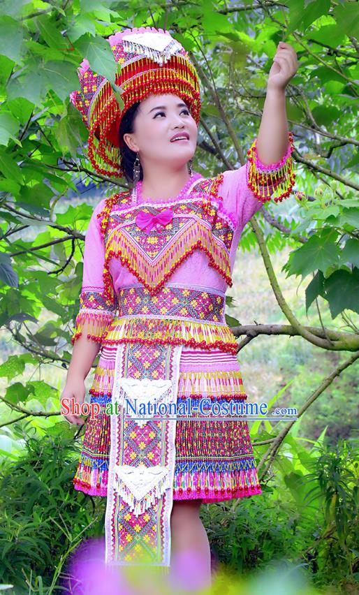 Traditional Chinese Miao Nationality Costume and Hat, Hmong Folk Dance Ethnic Pink Pleated Skirt, Chinese Minority Nationality Embroidery Clothing for Women