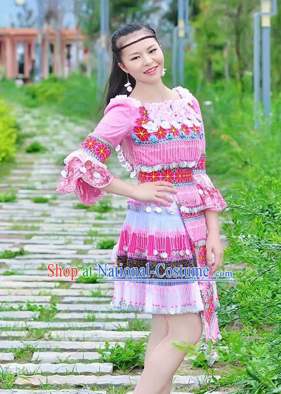 Traditional Chinese Miao Nationality Costume, Hmong Folk Dance Ethnic Pink Short Tassel Pleated Skirt, Chinese Minority Nationality Embroidery Clothing for Women