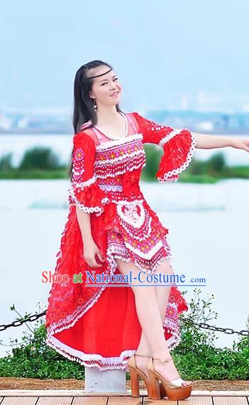 Traditional Chinese Miao Nationality Costume and Headwear, Hmong Folk Dance Ethnic Long Tailing Red Dress, Chinese Minority Nationality Embroidery Clothing for Women