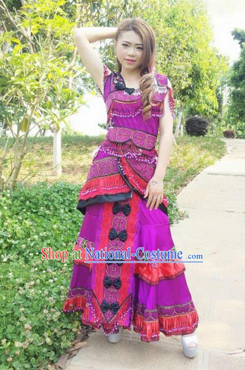 Traditional Chinese Miao Nationality Costume and Headwear, Hmong Folk Dance Ethnic Long Purple Dress, Chinese Minority Nationality Embroidery Clothing for Women