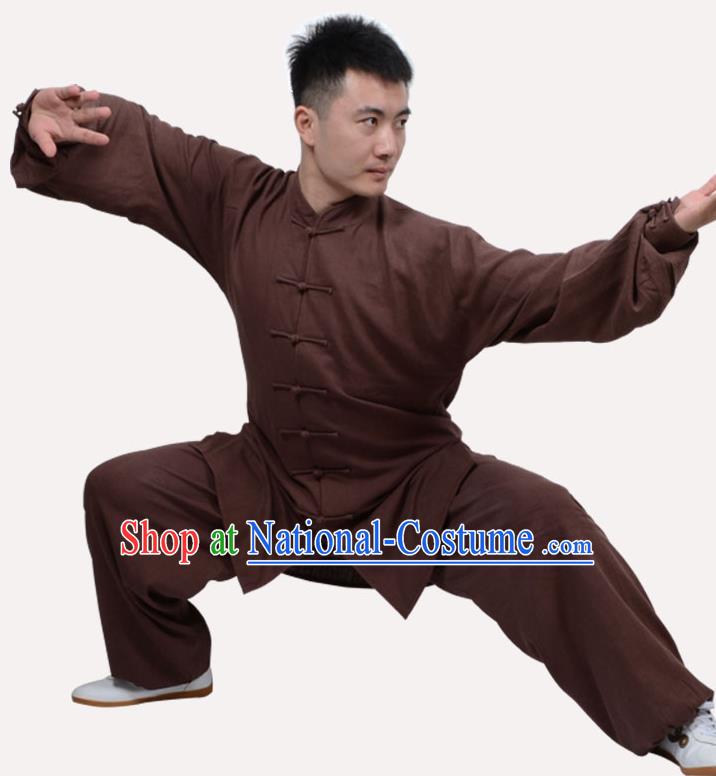 Top Grade Linen Martial Arts Costume Kung Fu Training Clothing, Tai Ji Embroidery Deep Brown Uniform Gongfu Wushu Costume for Women for Men