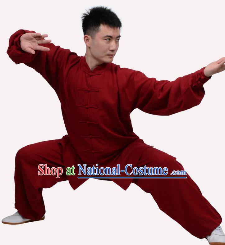 Top Grade Linen Martial Arts Costume Kung Fu Training Clothing, Tai Ji Wine Red Uniform Gongfu Wushu Costume for Women for Men