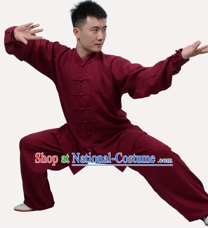 Top Grade Linen Martial Arts Costume Kung Fu Training Clothing, Tai Ji Dark Red Uniform Gongfu Wushu Costume for Women for Men