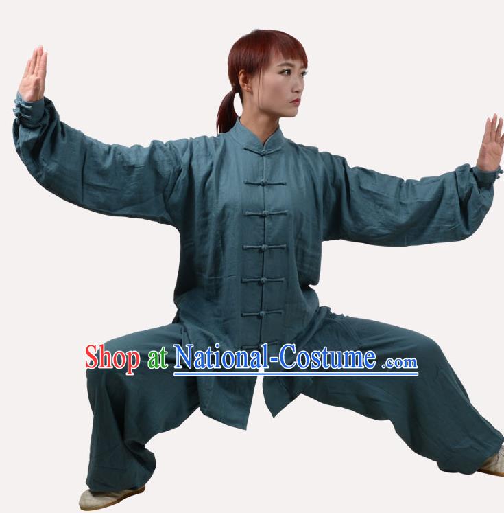 Top Grade Linen Martial Arts Costume Kung Fu Training Clothing, Tai Ji Peacock Blue Uniform Gongfu Wushu Costume for Women for Men