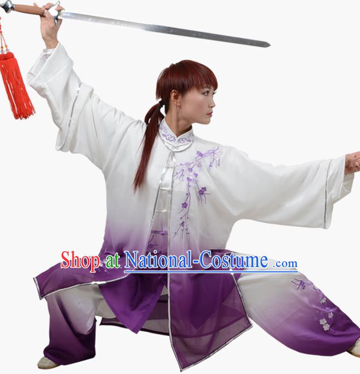 Top Grade Linen Martial Arts Costume Kung Fu Training Embroidered Plum Blossom Clothing, Tai Ji Southern Fist Purple Three-piece Uniform Gongfu Wushu Costume for Women for Men