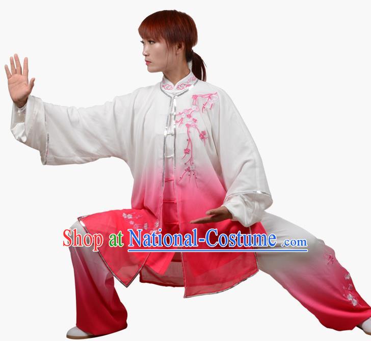 Top Grade Linen Martial Arts Costume Kung Fu Training Embroidered Plum Blossom Clothing, Tai Ji Southern Fist Pink Three-piece Uniform Gongfu Wushu Costume for Women for Men