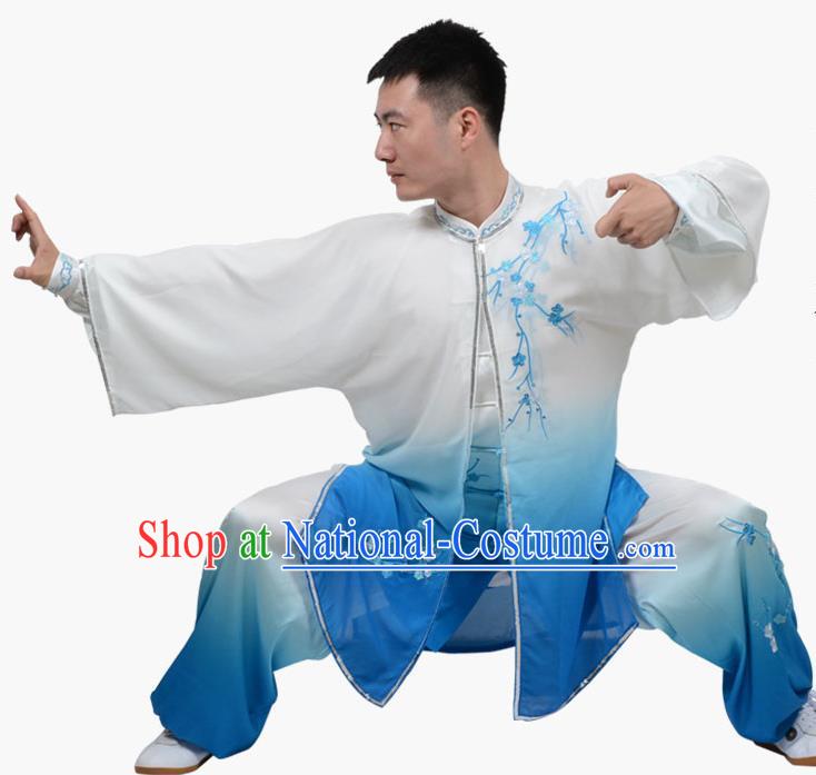 Top Grade Linen Martial Arts Costume Kung Fu Training Embroidered Plum Blossom Clothing, Tai Ji Southern Fist Blue Three-piece Uniform Gongfu Wushu Costume for Women for Men