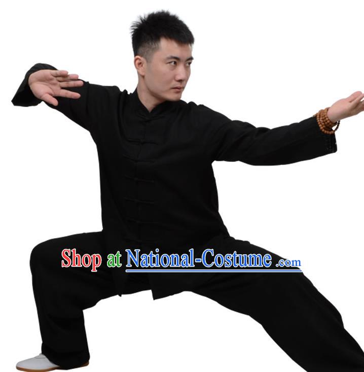 Top Kung Fu Linen Costume Martial Arts Costume Kung Fu Training Clothing, Tai Ji Plated Buttons Black Uniform Gongfu Wushu Clothing for Women for Men