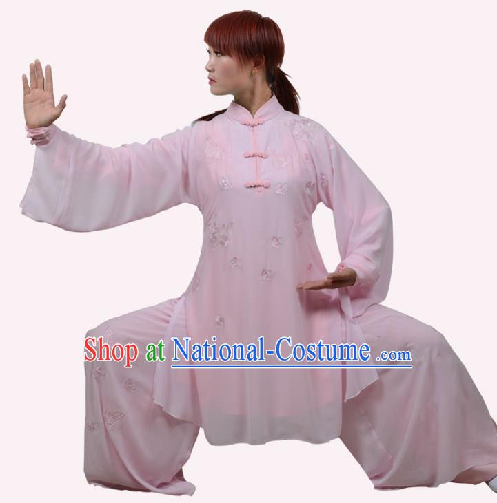 Top Grade Linen Martial Arts Costume Kung Fu Training Embroidery Plated Buttons Clothing, Tai Ji Pink Uniform Gongfu Wushu Costume for Women for Men