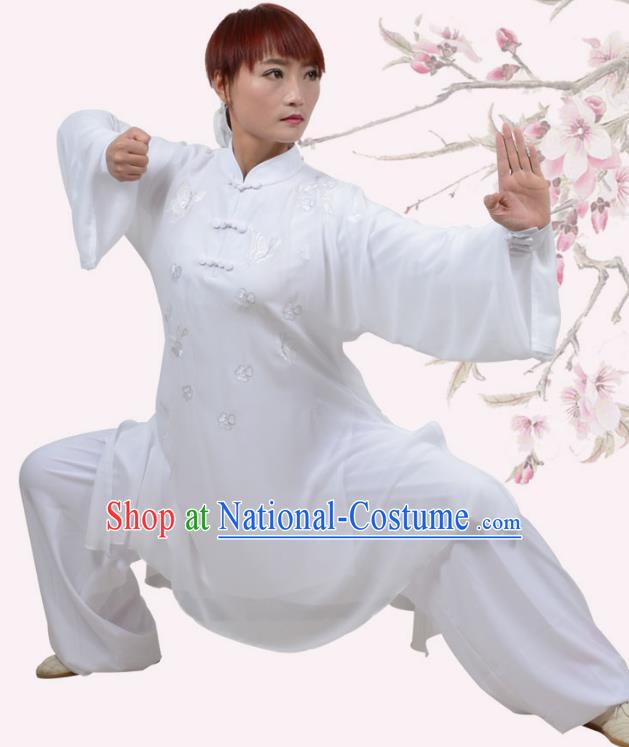 Top Grade Martial Arts Costume Kung Fu Training Embroidery Plated Buttons White Clothing, Tai Ji Uniform Gongfu Wushu Costume for Women for Men