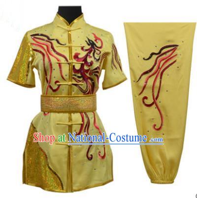 Top Grade Martial Arts Costume Kung Fu Training Embroidery Yellow Clothing, Long Fist Tai Ji Uniform Gongfu Wushu Costume for Women for Men