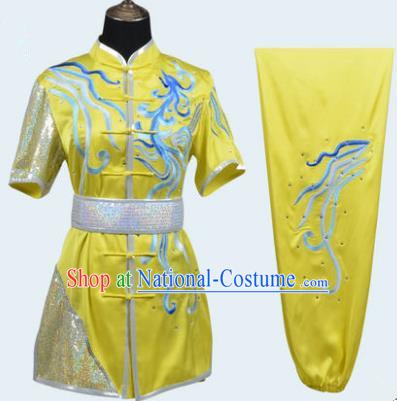 Top Grade Martial Arts Costume Kung Fu Training Embroidery Yellow Clothing, Long Fist Tai Ji Uniform Gongfu Wushu Costume for Women for Men