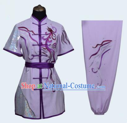 Top Grade Linen Martial Arts Costume Kung Fu Training Long Fist Clothing, Tai Ji Lilac Embroidery Uniform Gongfu Wushu Costume for Women for Men