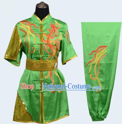 Top Grade Martial Arts Costume Kung Fu Training Long Fist Clothing, Tai Ji Green Embroidery Uniform Gongfu Wushu Costume for Women for Men