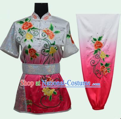 Top Grade Martial Arts Costume Kung Fu Training Long Fist Clothing, Tai Ji Embroidery Peony Pink Uniform Gongfu Wushu Costume for Women for Men