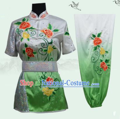 Top Grade Martial Arts Costume Kung Fu Training Long Fist Clothing, Tai Ji Embroidery Peony Green Uniform Gongfu Wushu Costume for Women