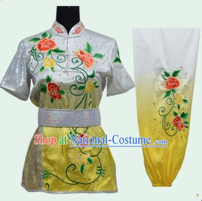 Top Grade Martial Arts Costume Kung Fu Training Long Fist Clothing, Tai Ji Embroidery Peony Yellow Uniform Gongfu Wushu Costume for Women