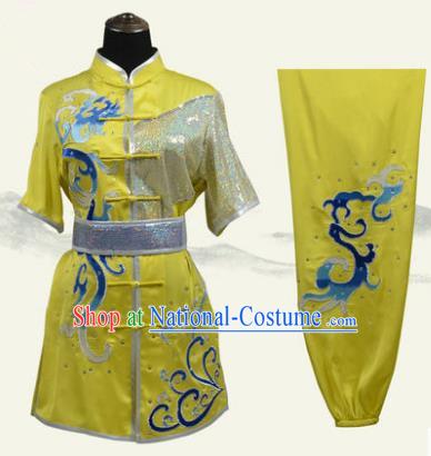 Top Grade Martial Arts Costume Kung Fu Training Clothing, Tai Ji Embroidery Long Fist Yellow Uniform Gongfu Wushu Costume for Women for Men