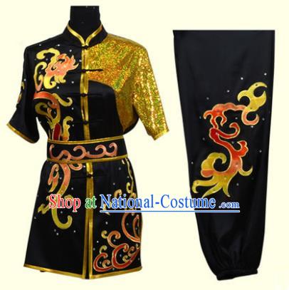 Top Grade Martial Arts Costume Kung Fu Training Clothing, Tai Ji Embroidery Long Fist Black Uniform Gongfu Wushu Costume for Women for Men