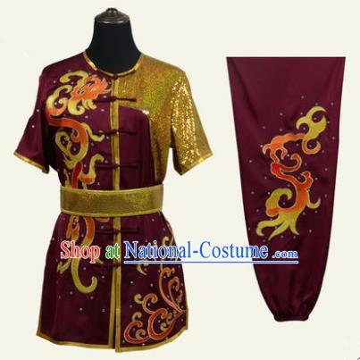 Top Grade Martial Arts Costume Kung Fu Training Clothing, Tai Ji Embroidery Long Fist Dark Red Uniform Gongfu Wushu Costume for Women for Men