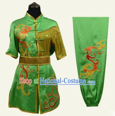 Top Grade Martial Arts Costume Kung Fu Training Clothing, Tai Ji Embroidery Long Fist Green Uniform Gongfu Wushu Costume for Women for Men