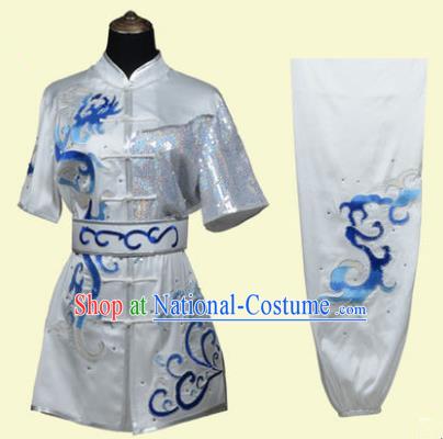 Top Grade Martial Arts Costume Kung Fu Training Clothing, Tai Ji Embroidery Long Fist White Uniform Gongfu Wushu Costume for Women for Men