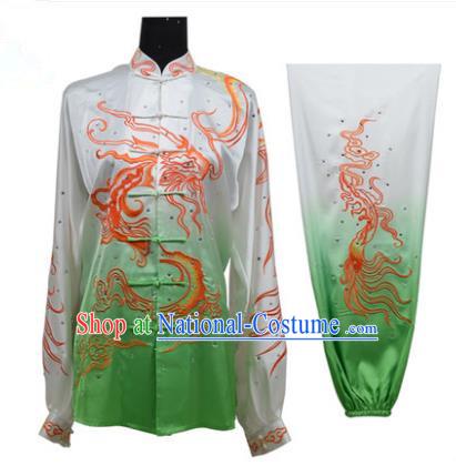 Top Grade Martial Arts Costume Kung Fu Training Gradient Green Clothing, Tai Ji Embroidery Dragon Long Fist Uniform Gongfu Wushu Costume for Women for Men