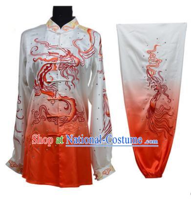 Top Grade Martial Arts Costume Kung Fu Training Gradient Red Clothing, Tai Ji Embroidery Dragon Long Fist Uniform Gongfu Wushu Costume for Women for Men