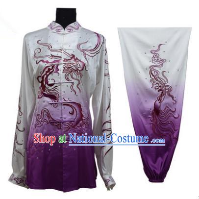 Top Grade Martial Arts Costume Kung Fu Training Gradient Deep Purple Clothing, Tai Ji Embroidery Dragon Long Fist Uniform Gongfu Wushu Costume for Women for Men