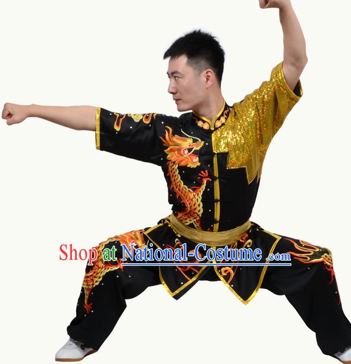 Top Grade Martial Arts Costume Kung Fu Training Short Sleeve Black Clothing, Tai Ji Embroidery Long Fist Uniform Gongfu Wushu Costume for Women for Men