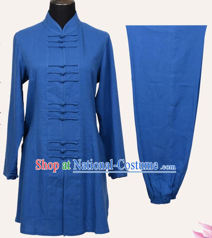 Top Grade Linen Martial Arts Costume Kung Fu Training Front Opening Plated Buttons Clothing, Tai Ji Blue Uniform Gongfu Wushu Costume for Women for Men