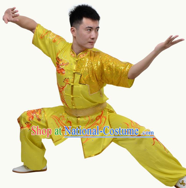 Top Grade Martial Arts Costume Kung Fu Training Short Sleeve Yellow Clothing, Tai Ji Embroidery Long Fist Uniform Gongfu Wushu Costume for Women for Men