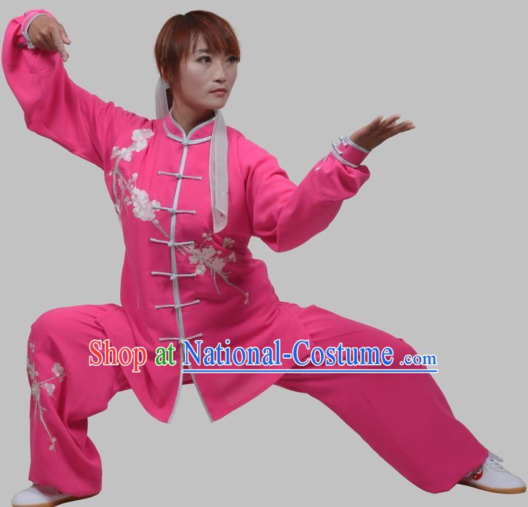 Top Grade China Martial Arts Costume Kung Fu Training Embroidery Plum Blossom Clothing, Chinese Embroidery Tai Ji Rosy Uniform Gongfu Wushu Costume for Women