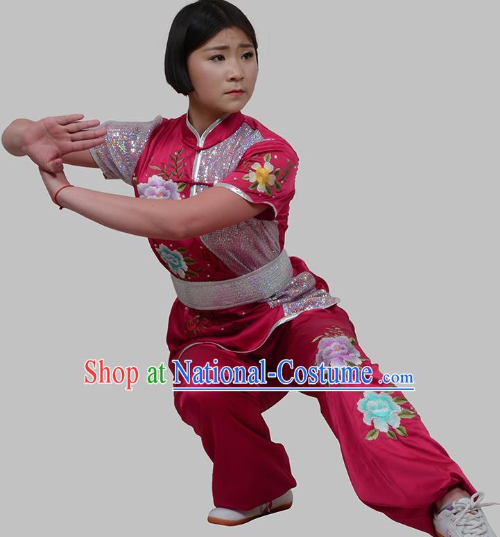 Top Grade China Martial Arts Costume Kung Fu Training Embroidery Peony Clothing, Chinese Embroidery Tai Ji Rosy Uniform Gongfu Wushu Costume for Women