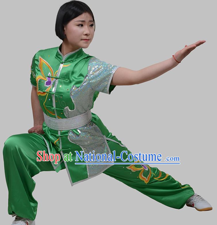 Top Grade China Martial Arts Costume Kung Fu Training Embroidery Butterfly Clothing, Chinese Embroidery Tai Ji Green Uniform Gongfu Wushu Costume for Women