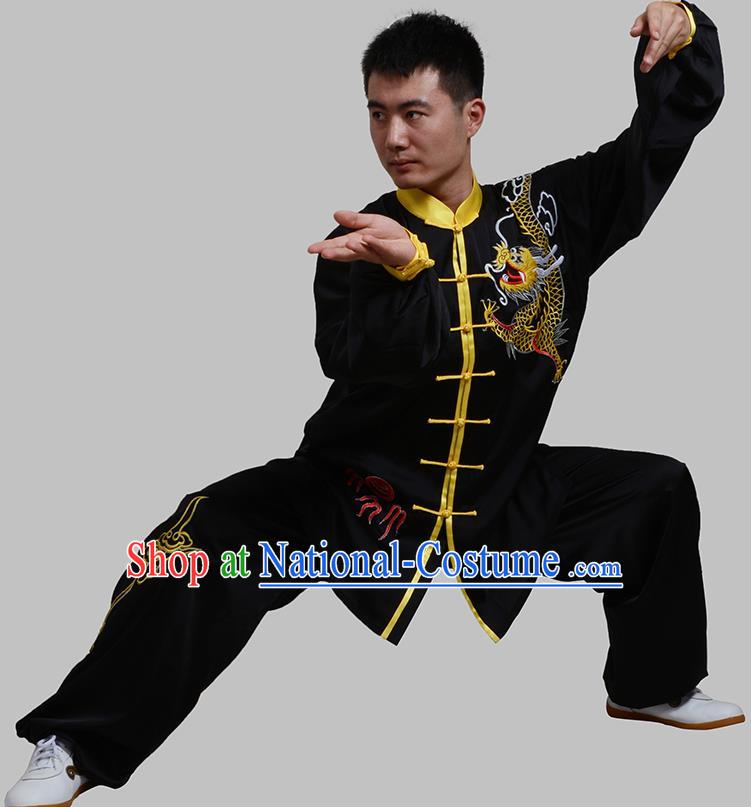 Top Grade China Martial Arts Costume Kung Fu Training Embroidery Black Clothing, Chinese Embroidery Dragon Tai Ji Uniform Gongfu Wushu Costume for Men