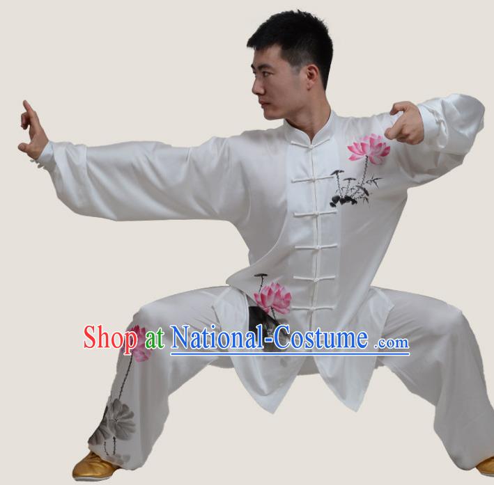 Top Grade China Martial Arts Costume Kung Fu Training Ink Painting Lotus Clothing, Chinese Tai Ji Uniform Gongfu Wushu Costume for Men